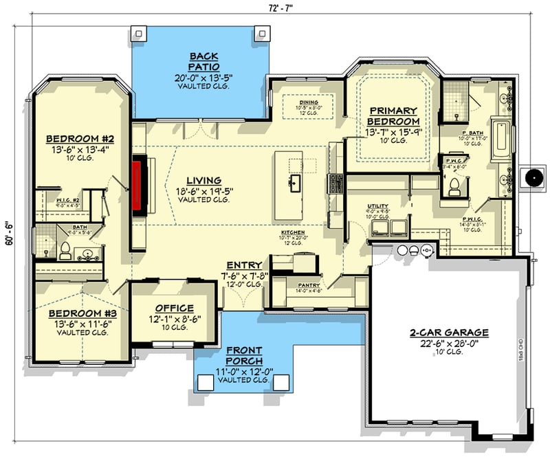Plan 307704RAD: Craftsman Ranch House Plan with 3 Beds and Two-Story Great Room - Floor Plan - - Craftsman, Hill Country, Mountain, Ranch
