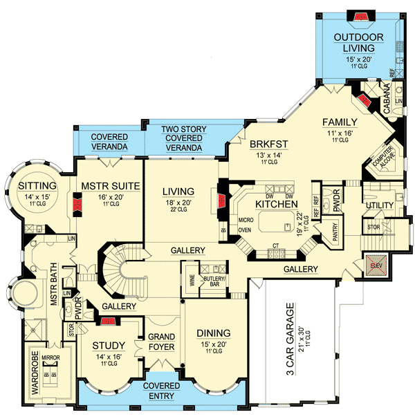 Plan 36466TX: 5 Beds and 5 Fireplaces - Floor Plan - Main Level - European, Mediterranean