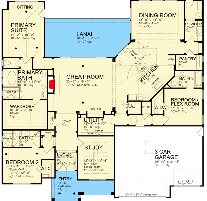 Plan 780001KYD: 3-Bed Craftsman House Plan with Flex Room and Open Concept Floor Plan - 3092 Sq Ft - Floor Plan - Main Level - Craftsman, Mountain, New American