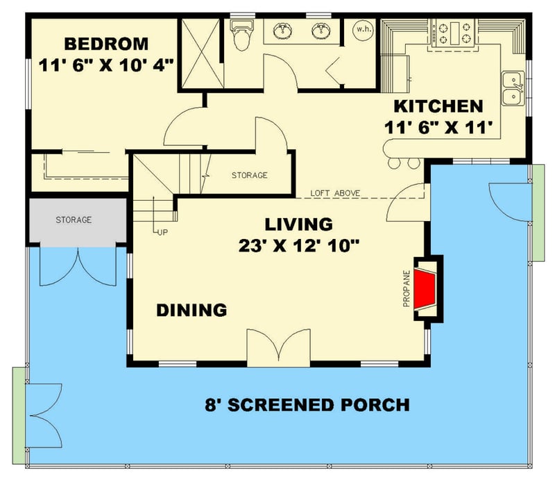 Plan 350080GH: Country Cabin with Wraparound Porch and Loft - 1227 Sq Ft - Floor Plan - Main Level - Cabin, Cottage, Country, Mountain
