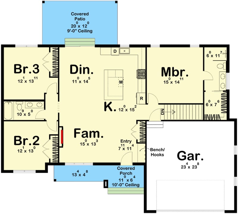 Plan 623398DJ: 3-Bed Modern Cottage House Plan with Split Bedroom Floor Plan - 1658 Sq Ft - Floor Plan - Main Level - Cottage, New American, Ranch, Transitional