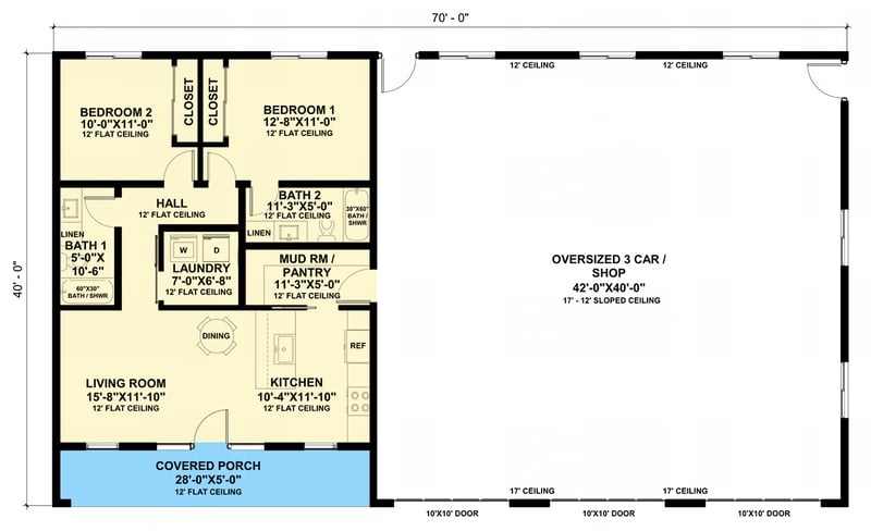 Plan 420172WNT: 2-Bed Barndominium with Oversized 3-Car Garage and Workshop - 980 Sq Ft - Floor Plan - Main Level - Barndominium, Mid Century Modern, Modern, Ranch