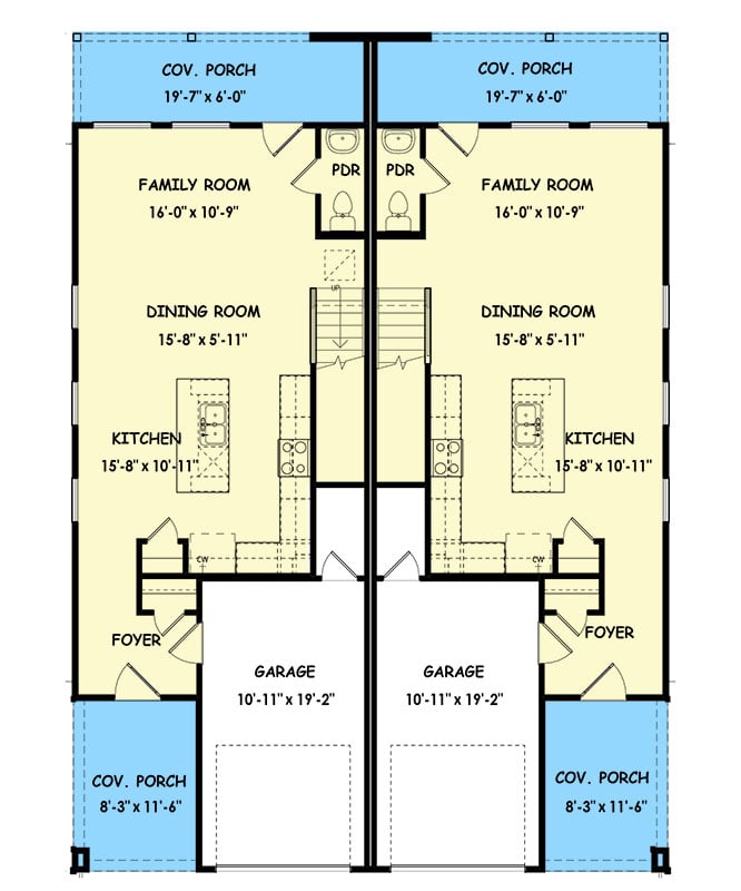 Plan 100332GHR: Two-Story Modern Duplex House Plan with Matching 3-Bedroom Units - 1585 Per Unit - Floor Plan - Main Level - Contemporary, Modern