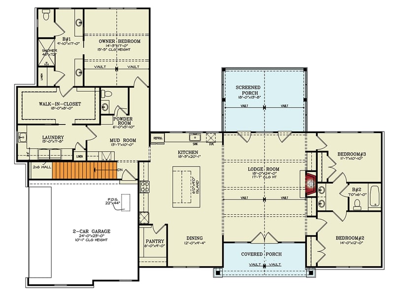Plan 25827GE: 3-Bed Mountain Craftsman House Plan with Laundry Access From Master Suite - 3402 Sq Ft - Floor Plan - Main Level - Country, Craftsman, Mountain, New American, Ranch