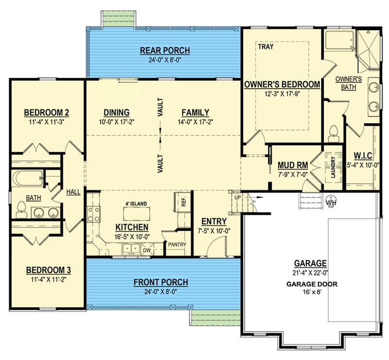 Plan 83665CRW: 3-Bed Shingle House Plan with Vaulted Living Space - 1664 Sq Ft - Floor Plan - Main Level - Cape Cod, Country, Shingle