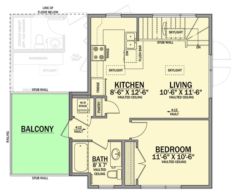Plan 81841AB: Modern ADU with 601 Square Foot Apartment Above a 2-Car Garage and Workshop - Floor Plan - 2nd Floor - Contemporary, Mid Century Modern, Modern