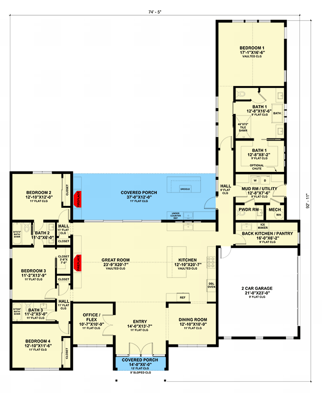 Plan 420174WNT: Split Bedroom Modern Ranch House Plan with Vaulted Interior and a Flex Room - 3140 Sq Ft - Floor Plan - Main Level - Contemporary, New American, Ranch, Transitional