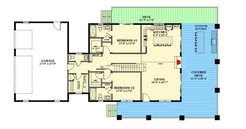 Plan 46520LA: 4 Bedroom Lake House Plan Designed to Maximize Side Views - 2898 Sq Ft - Floor Plan - Main Level - Mountain, Rustic