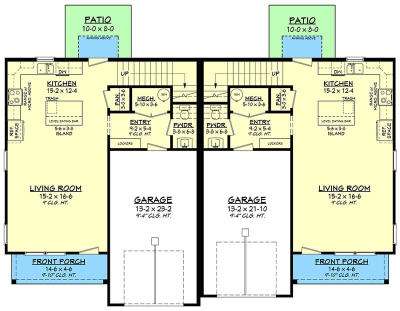 Plan 51969HZ: Modern Farmhouse Style Townhouse Duplex Plan with 3-Bedroom Units - Floor Plan - Main Level - Country, Modern Farmhouse, New American, Traditional