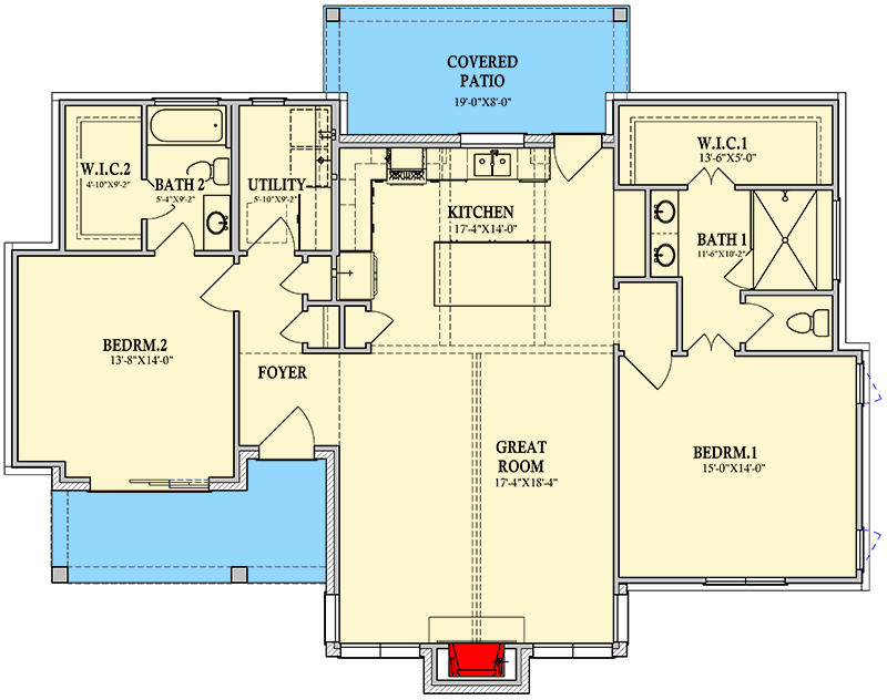 Plan 440040PWL: 2-Bed Ranch House Plan with Covered Outdoor Porch - 1583 Sq Ft - Floor Plan - Main Level - Ranch