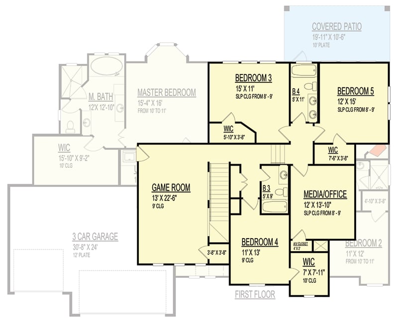 Plan 264219KMD: 5-Bed Florida House Plan with Media and Game Room - 3740 Sq Ft - Floor Plan - 2nd Floor - Florida-Style, Mediterranean, Tuscan