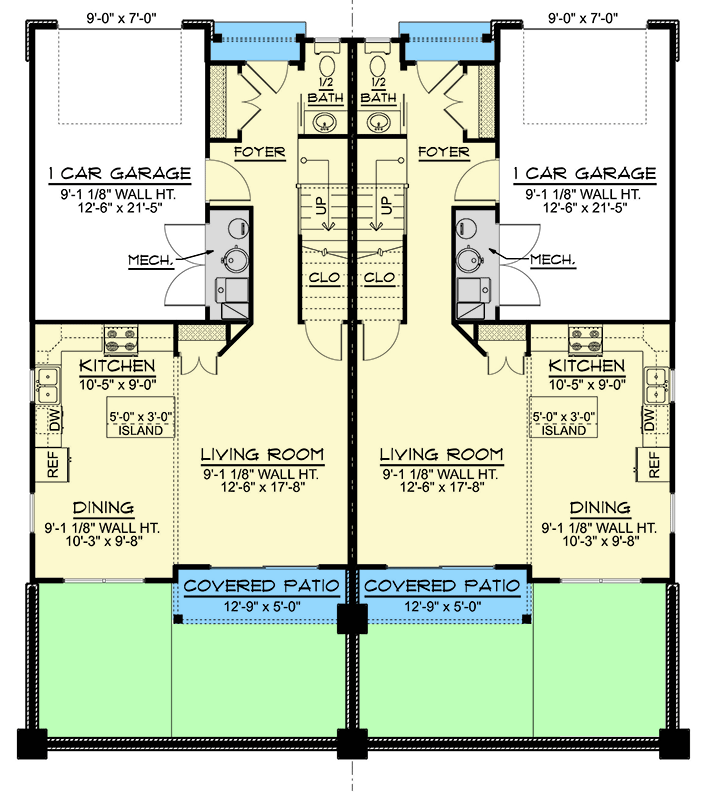 Plan 135281GRA: Two-Story Contemporary Duplex House Plan with Matching 3-Bedroom Units - 1565 Sq Ft Each - Floor Plan - Main Level - Contemporary