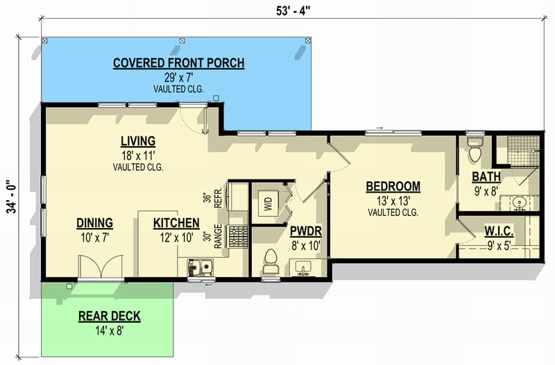 Plan 307716RAD: 1-Bed Contemporary House Plan with Covered Front Porch - 800 Sq Ft - Floor Plan - Main Level - Contemporary, Modern, Rustic