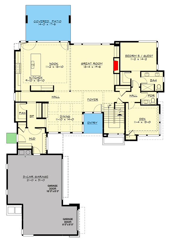 Plan 23977JD: 5-Bedroom Contemporary House Plan with Media Room - 4247 Sq Ft - Floor Plan - Main Level - Contemporary, Modern, Northwest