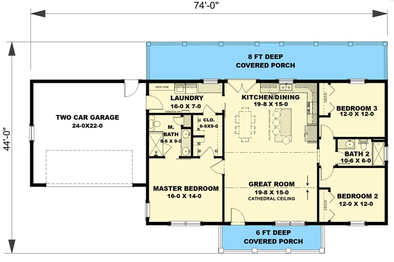 Plan 25044DH: 3-Bed Country House Plan with 2-Car Garage - 1,500 Sq Ft - Floor Plan - Main Level - Country, New American, Southern, Traditional