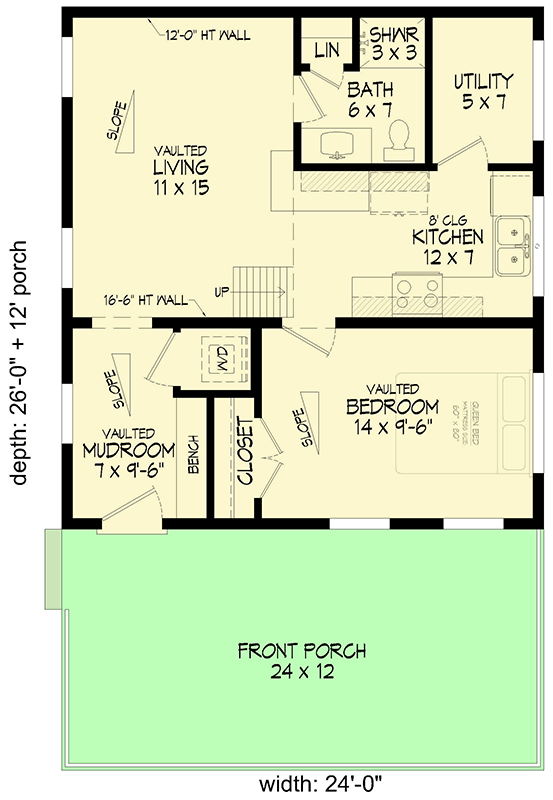 Plan 680423VR: 1-Bed Mountain Cabin House Plan with Loft Above - 823 Sq Ft - Floor Plan - Main Level - Cabin, Mountain, Rustic, Vacation