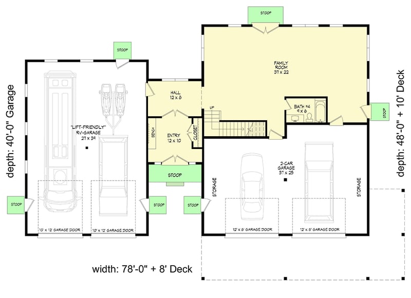 Plan 680424VR: Three-Story Mountain Lake House Plan with Oversized RV Friendly Garage - 4005 Sq Ft - Floor Plan - Main Level - Country, Craftsman, Mountain