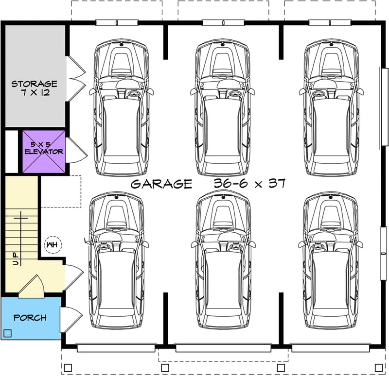 Plan 360121DK: 6-Car Craftsman Carriage Garage with Attached Apartment Above - 1494 Sq Ft - Floor Plan - Main Level - Carriage, Craftsman, Traditional