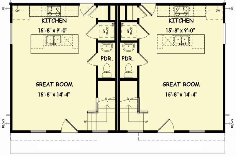 Plan 100333GHR: Contemporary Duplex House Plan with Matching 2 Bed 2 Bath Units - 928 Sq Ft Per Unit - Floor Plan - Main Level - Contemporary, Modern