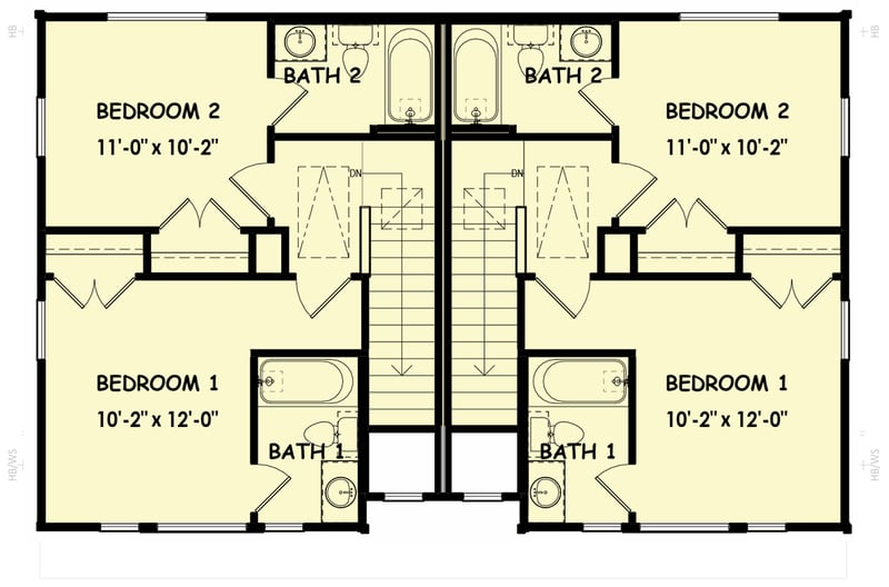 Plan 100333GHR: Contemporary Duplex House Plan with Matching 2 Bed 2 Bath Units - 928 Sq Ft Per Unit - Floor Plan - 2nd Floor - Contemporary, Modern