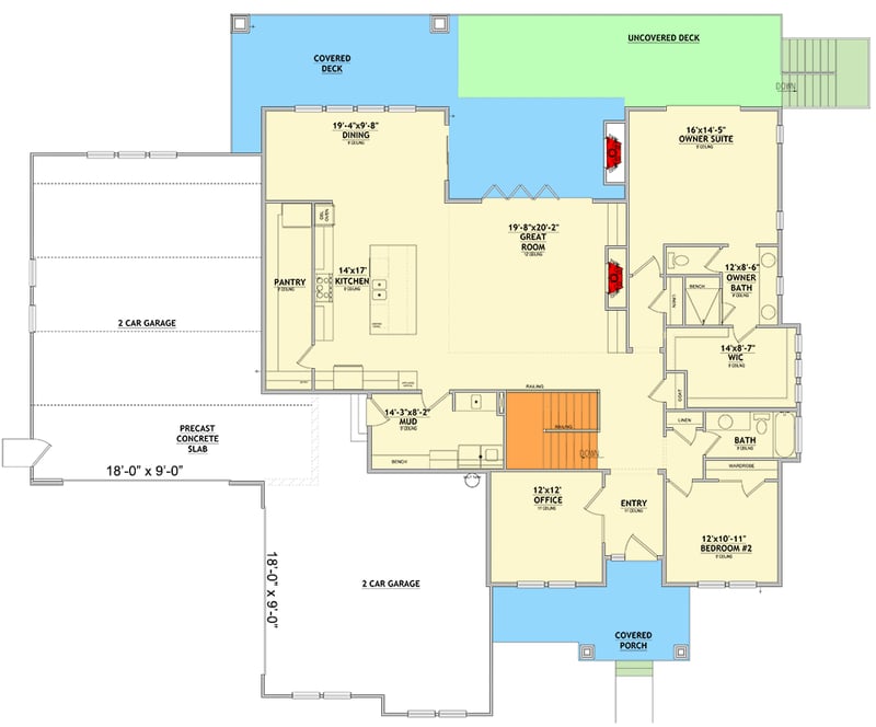 Plan 849039PGE: One-Story 2-Bed New American House Plan with 4-Car Garage - 2354 Sq Ft - Floor Plan - Main Level - Craftsman, Hill Country, New American