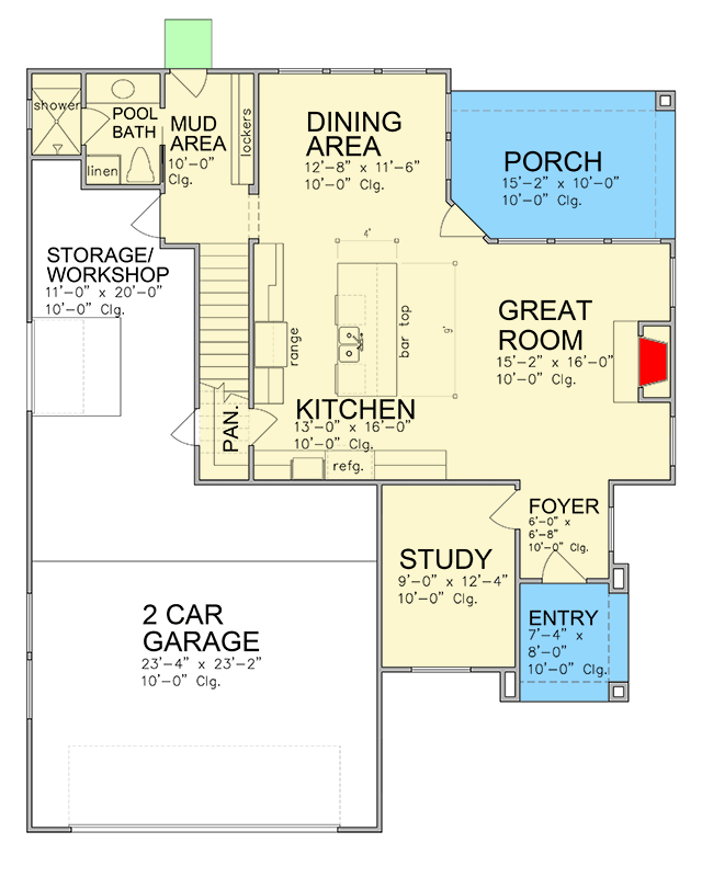 Plan 780004KYD: 4-Bed New American House Plan with Workshop - 2220 Sq Ft - Floor Plan - Main Level - Country, New American, Traditional