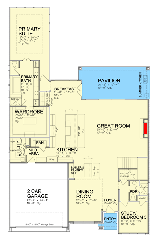 Plan 780009KYD: 5-Bed Contemporary House Plan with Outdoor Kitchen - 4233 Sq Ft - Floor Plan - Main Level - Contemporary, European, Modern, New American, Southern, Transitional