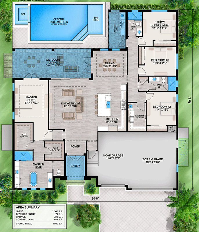 Plan 86155BW: 4-Bed Coastal Contemporary House Plan with Outdoor Living Space - 2567 Sq Ft - Floor Plan - Main Level - Coastal, Coastal Contemporary, European, Florida-Style, Transitional