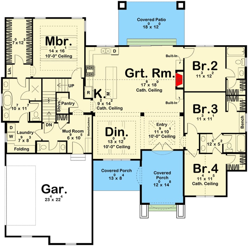 Plan 623428DJ: 4-Bed Modern Cottage House Plan with Optionally Finished Bonus Room - 2315 Sq Ft - Floor Plan - Main Level - Cottage, European, New American, Transitional