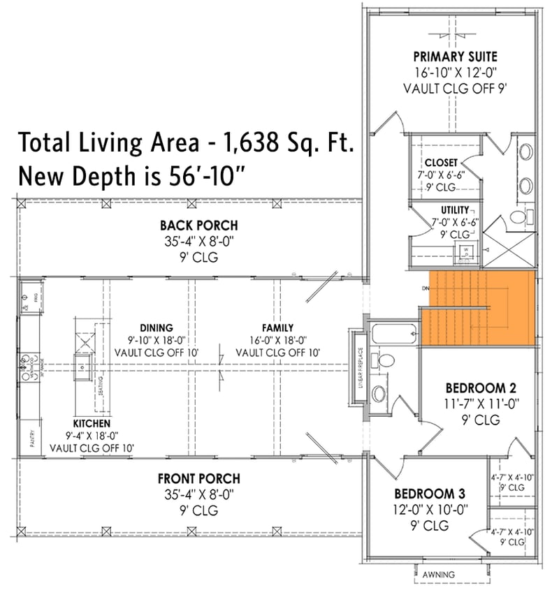 Plan 818132JSS: 3-Bed Contemporary Country House Plan with Wide Front and Rear Porches - 1500 Sq Ft - Floor Plan - Basement Stairs Locaiton - Contemporary, Country, Modern, Modern Farmhouse, Ranch, Transitional