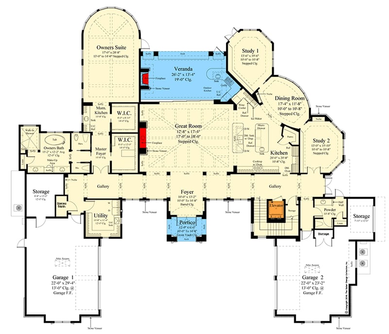 Plan 340129STR: Two-Story Mediterranean House Plan with Outdoor Kitchen and Fireplace - 5330 Sq Ft - Floor Plan - Main Level - Coastal, Florida-Style, Mediterranean, Tuscan