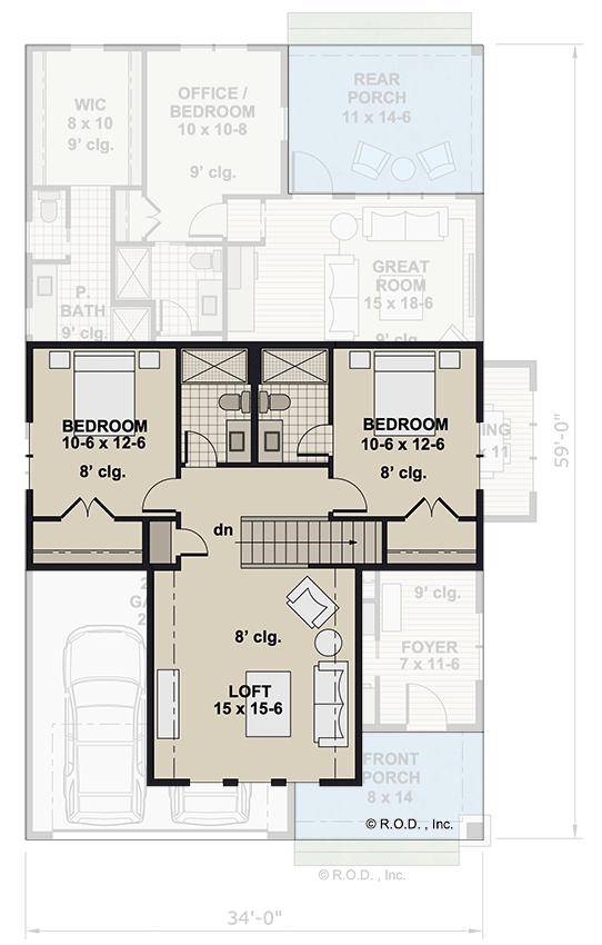 Plan 14830RK: 3-Bed Craftsman Bungalow Style House Plan Great Room - 2223 Sq Ft - Floor Plan - 2nd Floor - Bungalow, Country, Craftsman, Traditional