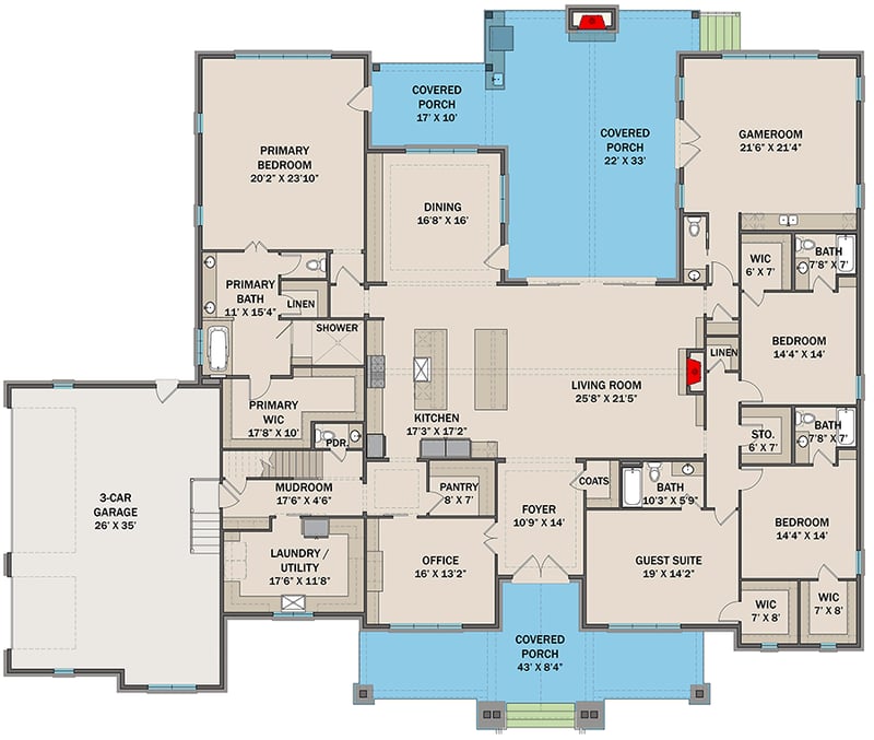 Plan 25445TF: 4-Bed Craftsman House Plan with Optionally Finished Bonus Room - 5092 Sq Ft - Floor Plan - Main Level - Country, Craftsman, New American