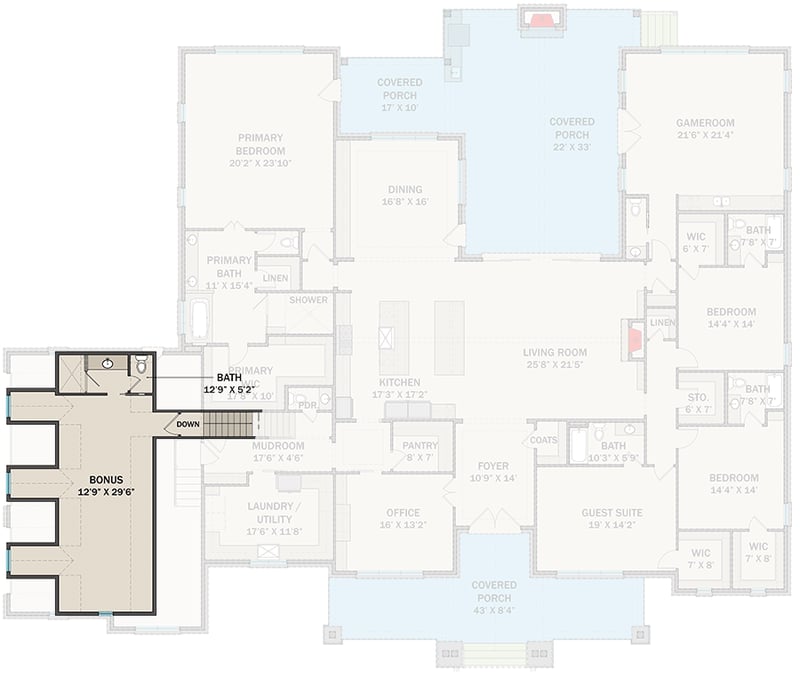 Plan 25445TF: 4-Bed Craftsman House Plan with Optionally Finished Bonus Room - 5092 Sq Ft - Floor Plan - Optionally Finished Bonus Room - Country, Craftsman, New American