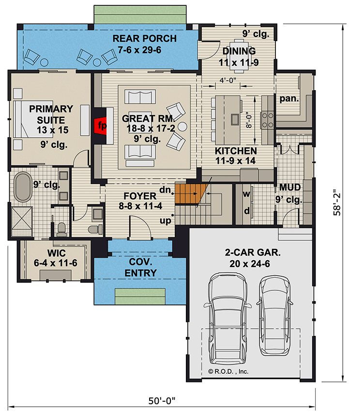 Plan 14843RK: 3-Bed Modern Farmhouse Plan with Loft Above - 2451 Sq Ft - Floor Plan - Main Level