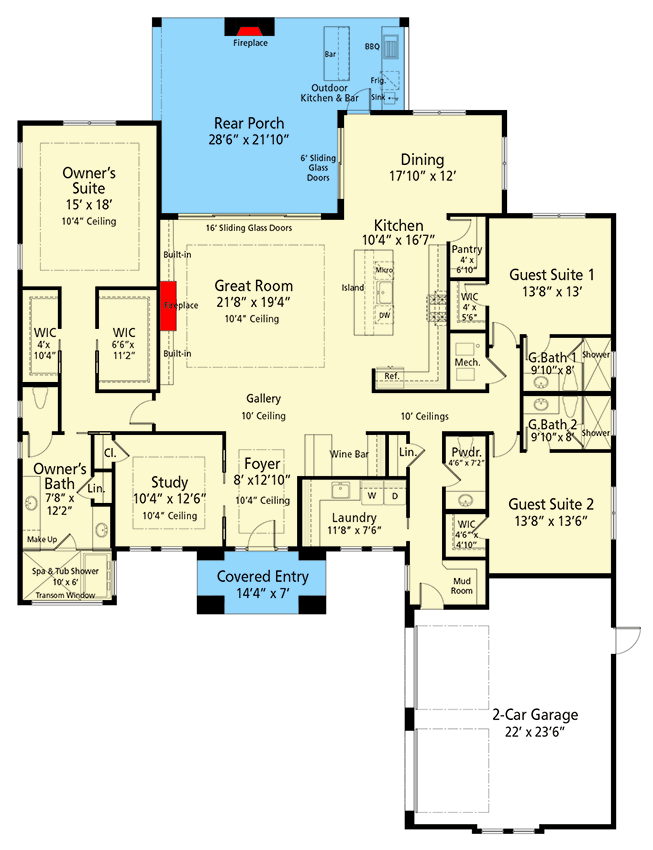 Plan 33265ZR: 3-Bed Modern Mountain Ranch House Plan with Outdoor Kitchen and Outdoor Fireplace - 3062 Sq Ft - Floor Plan - Main Level - Modern, Mountain, Prairie, Ranch