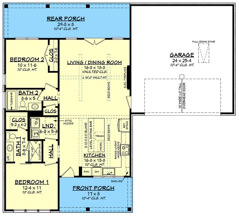 Plan 51978HZ: 2-Bed Rustic Board and Batten Cottage with 2-Car Garage - 1094 Sq Ft - Floor Plan - Main Level - Cabin, Cottage, Country, Rustic, Vacation