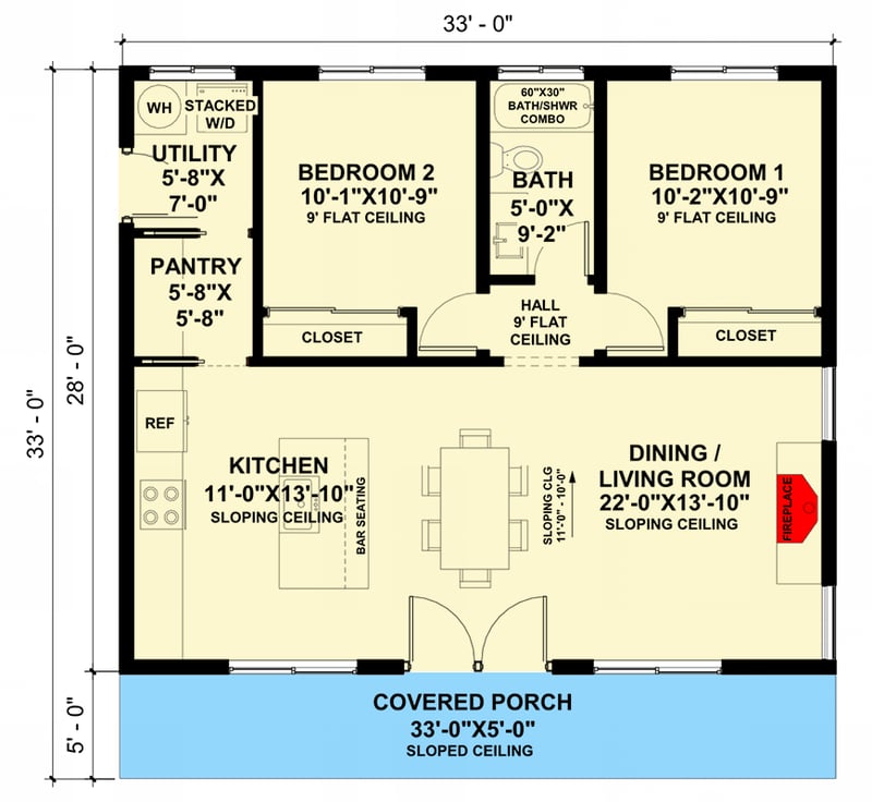 Plan 420183WNT: 2-Bed Contemporary ADU House Plan with Open-Concept Living Space - 924 Sq Ft - Floor Plan - Main Level - Contemporary, Country