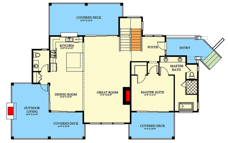Plan 24134BG: Two-Story Contemporary Mountain House Plan with Two-Story Great Room - 3490 Sq Ft - Floor Plan - Main Level - Contemporary, Modern, Mountain