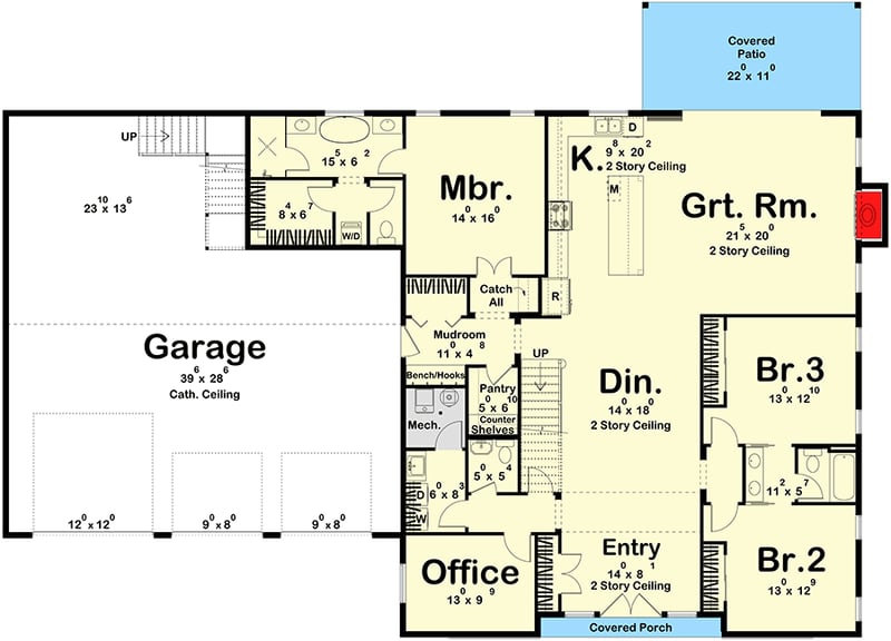Plan 623440DJ: 6-Bed Barndominium House Plan with Two-Story Great Room - 3991 Sq Ft - Floor Plan - Main Level - Barndominium