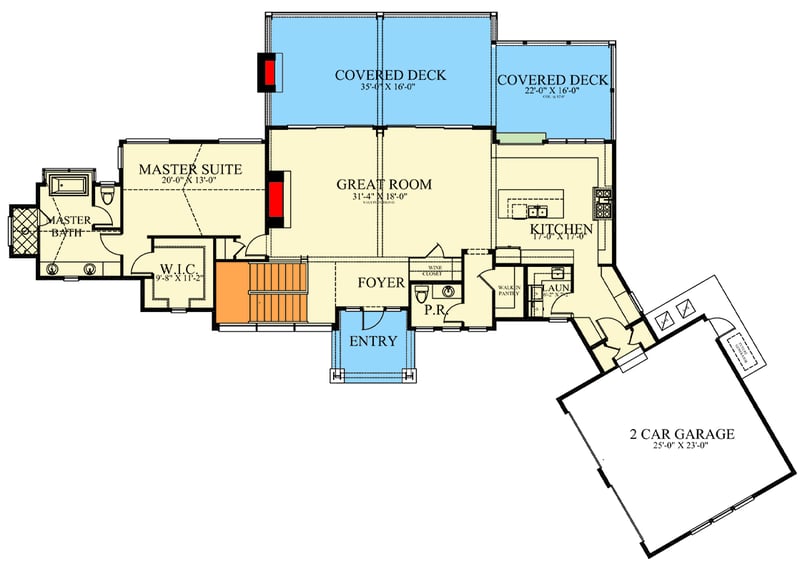 Plan 24139BG: One-Story Contemporary Mountain House Plan with Angled Garage - 3570 Sq Ft - Floor Plan - Main Level - Contemporary, Mid Century Modern, Modern, Mountain