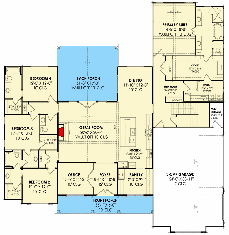 Plan 818139JSS: 4-Bed Modern Farmhouse with Bonus Room - 3116 Sq Ft - Floor Plan - Main Level - Country, Farmhouse, Modern Farmhouse