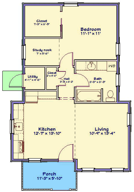 Plan 560032TCD: 1-Bed Traditional Cottage House Plan with Study Nook Under 700 Sq Ft - Floor Plan - Main Level - Cottage, Country
