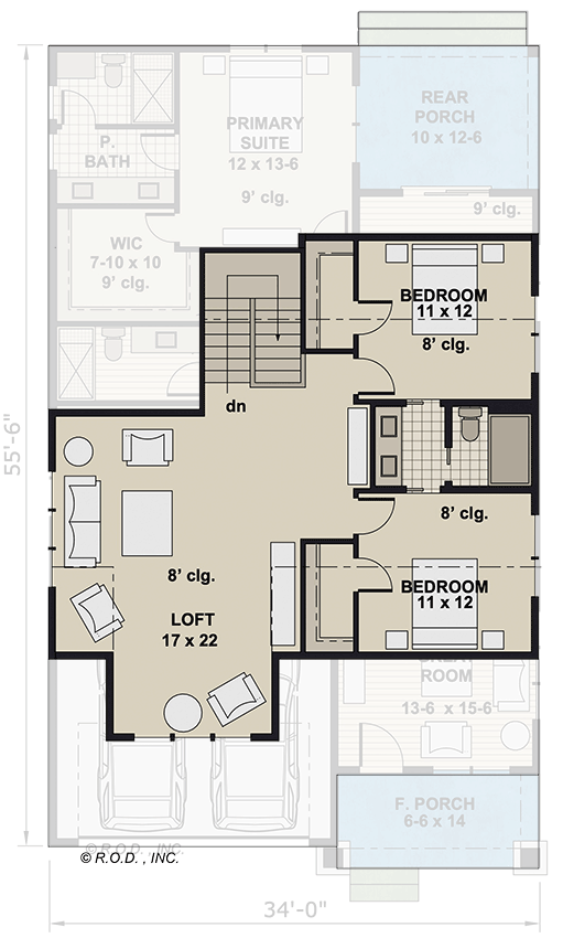 Plan 14868RK: Two-Story Modern Farmhouse Plan with Open Concept Living  - 2233 Sq Ft - Floor Plan - 2nd Floor - Farmhouse, Modern Farmhouse, New American