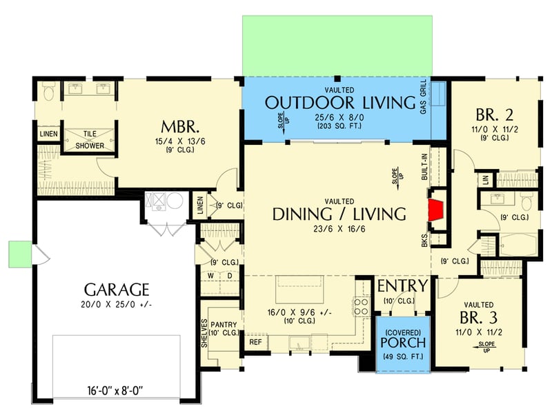 Plan 69886AM: 3-Bed Contemporary House Plan with Outdoor Kitchen - 1635 Sq Ft - Floor Plan - Main Level - Contemporary, Modern