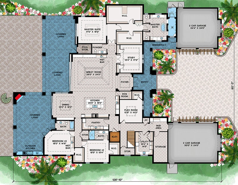 Plan 660023JMD: Two-Story Coastal Contemporary House Plan with Large Outdoor Covered Lanai - 6638 Sq Ft - Floor Plan - Main Level - Coastal, Coastal Contemporary, Florida-Style