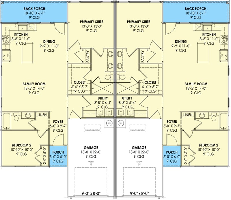 Plan 818143JSS: Country Duplex House Plan with 2-Bed, 2-Bath Units Under 1250 Square Feet - Floor Plan - Main Level - Country, Craftsman, Traditional