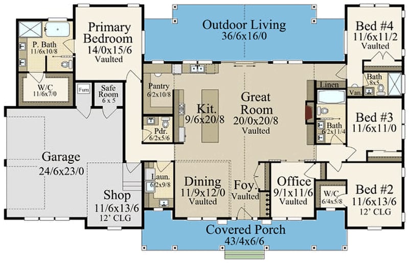 Plan 85456MS: 4-Bedroom Single-Story Modern Farmhouse with Workshop -  2574 Sq Ft - Floor Plan - Main Level - Country, Farmhouse, Modern Farmhouse