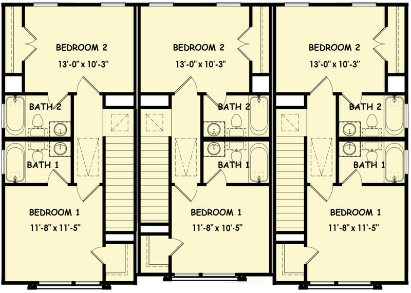 Plan 100335GHR: Two-Story Triplex Plan with 2-Bed 2.5 Bath Under 1000 Sq Ft Per Unit - Floor Plan - 2nd Floor - Contemporary, Modern