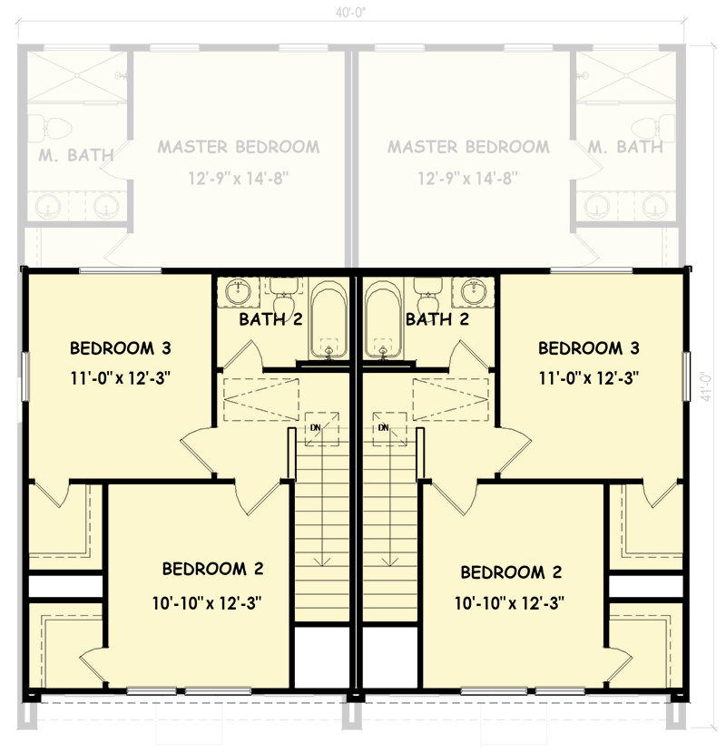 Plan 100336GHR: Two-Story Modern Duplex House Plan with Matching Units - 3-Beds 2.5-Baths and 1227 Sq Ft Per Unit - Floor Plan - 2nd Floor - Contemporary, Modern, Traditional